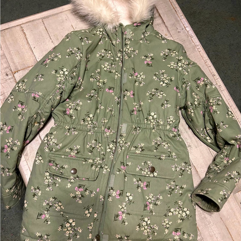The Children’s Place faux fur-lined jacket, girls size XL 14, sage green/floral